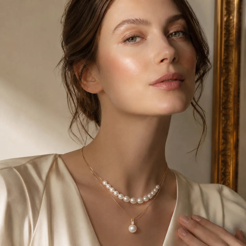 Elegant Floating Pearl Necklace and Pendant Layered Set