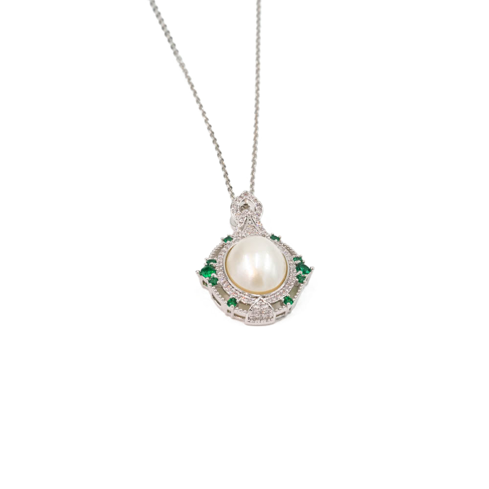 Emerald Halo Pearl Pendant Necklace