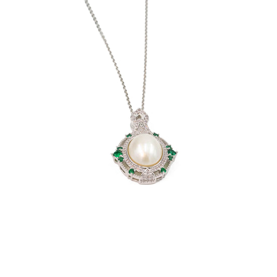 Emerald Halo Pearl Pendant Necklace