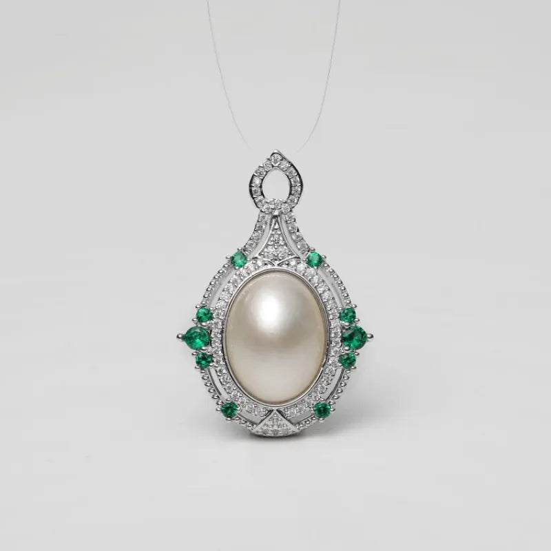 Emerald Halo Pearl Pendant Necklace