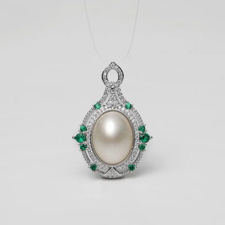 Emerald Halo Pearl Pendant Necklace