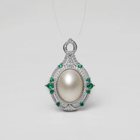 Emerald Halo Pearl Pendant Necklace