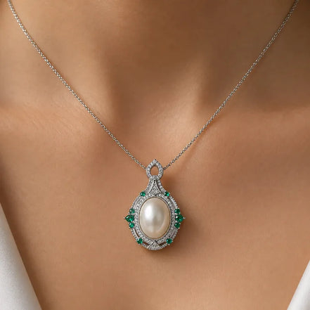 Emerald Halo Pearl Pendant Necklace