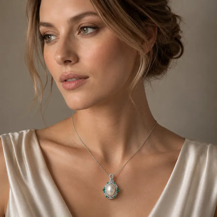 Emerald Halo Pearl Pendant Necklace