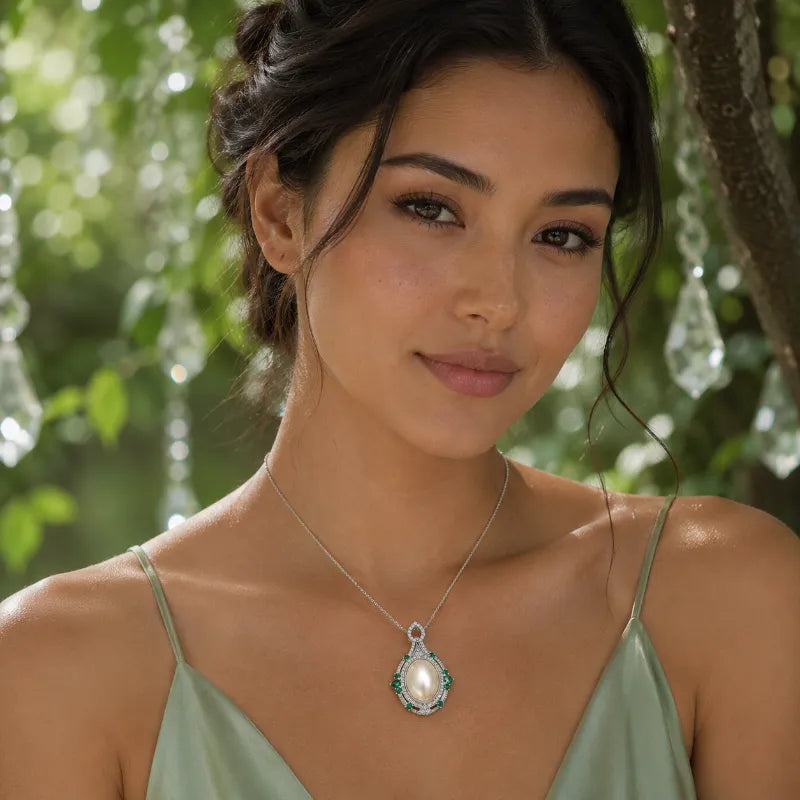 Emerald Halo Pearl Pendant Necklace