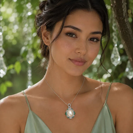 Emerald Halo Pearl Pendant Necklace
