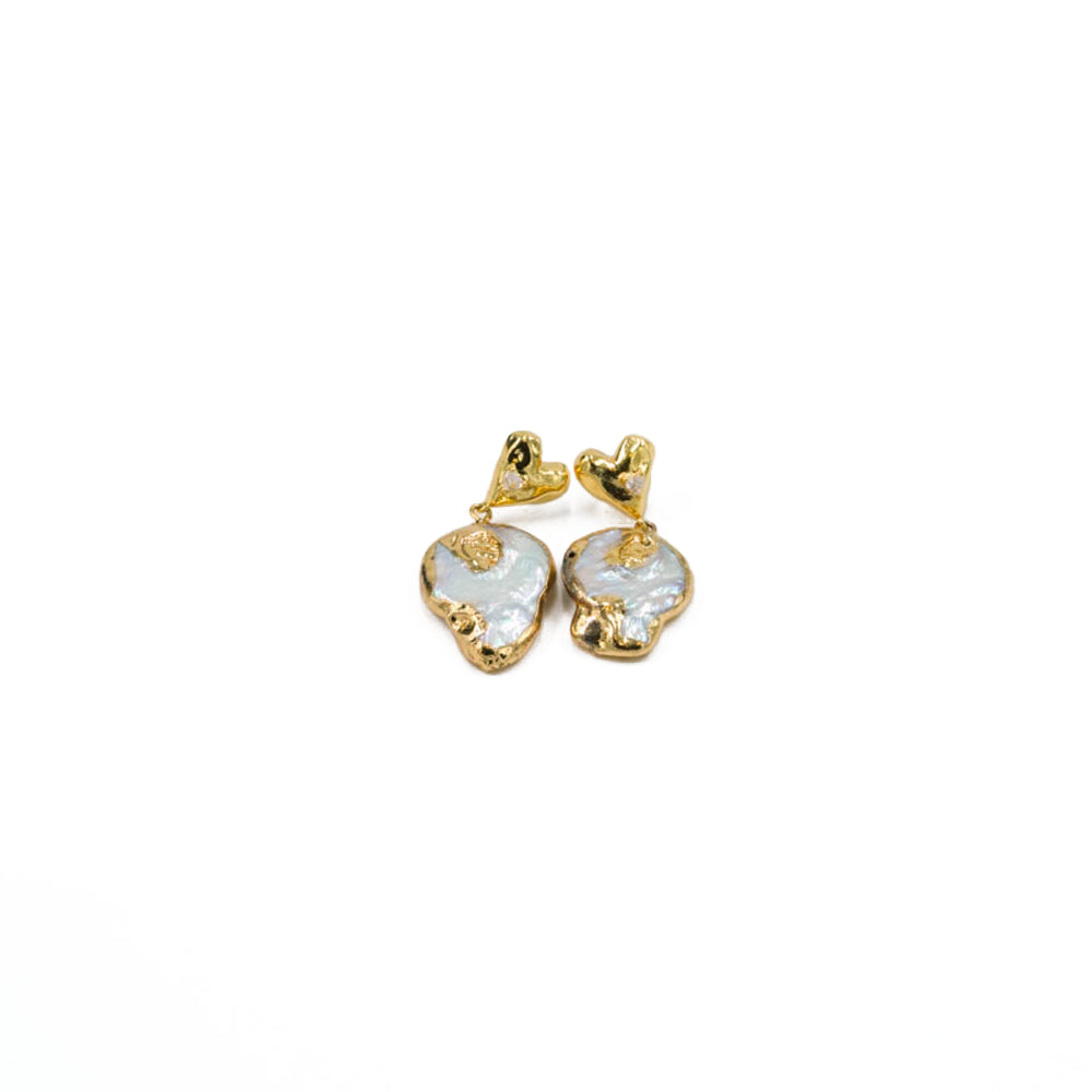 Gold Heart Baroque Pearl Drop Earrings