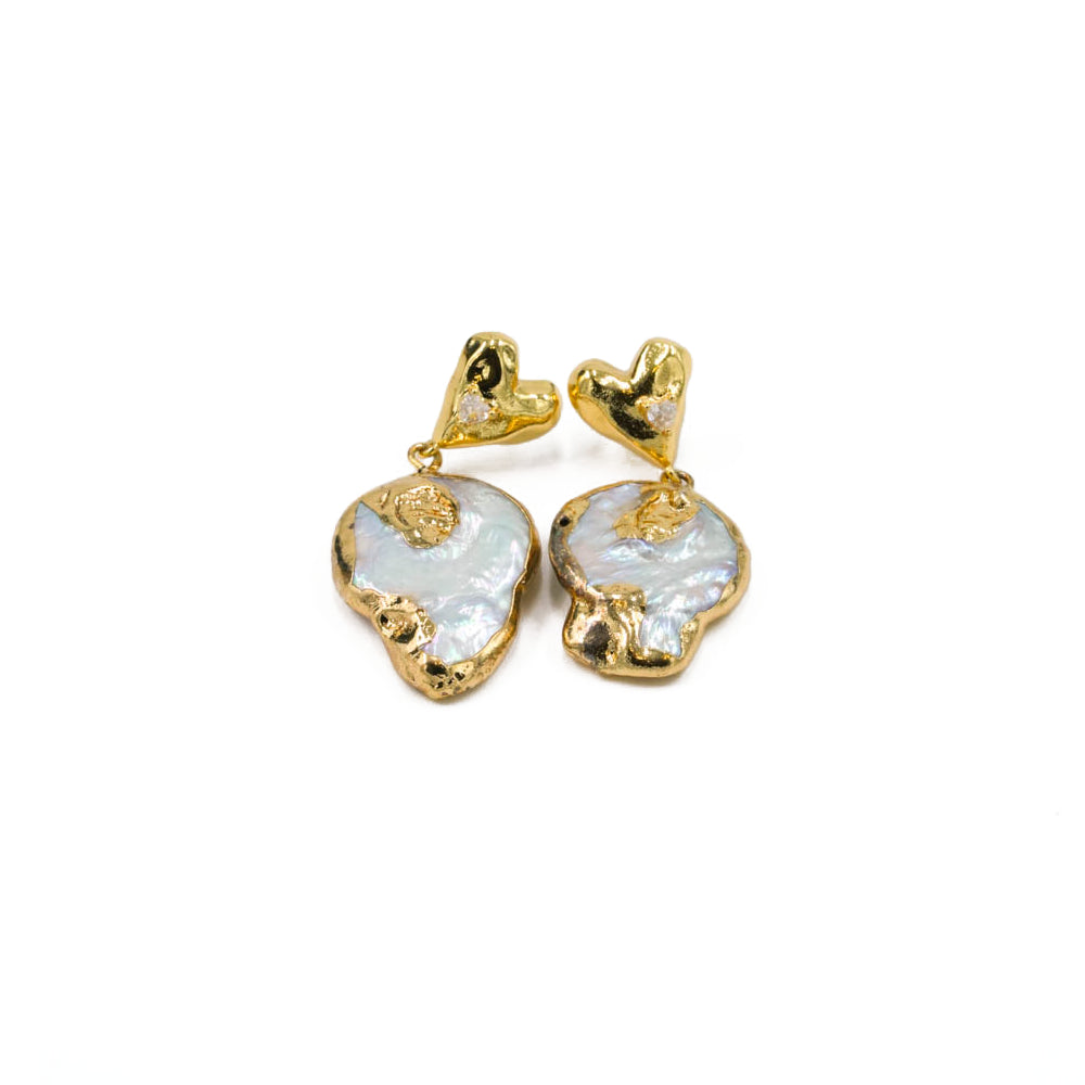 Gold Heart Baroque Pearl Drop Earrings
