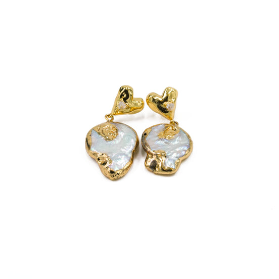 Gold Heart Baroque Pearl Drop Earrings