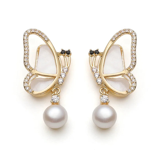 Gold Fairy Wing Pearl Drop Earrings