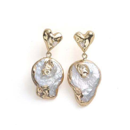 Gold Heart Baroque Pearl Drop Earrings