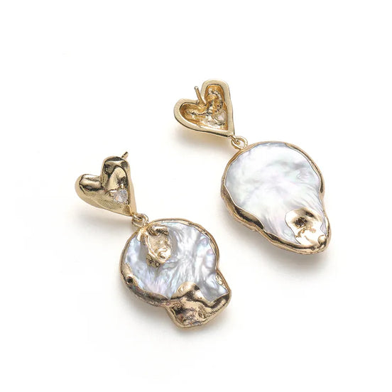 Gold Heart Baroque Pearl Drop Earrings