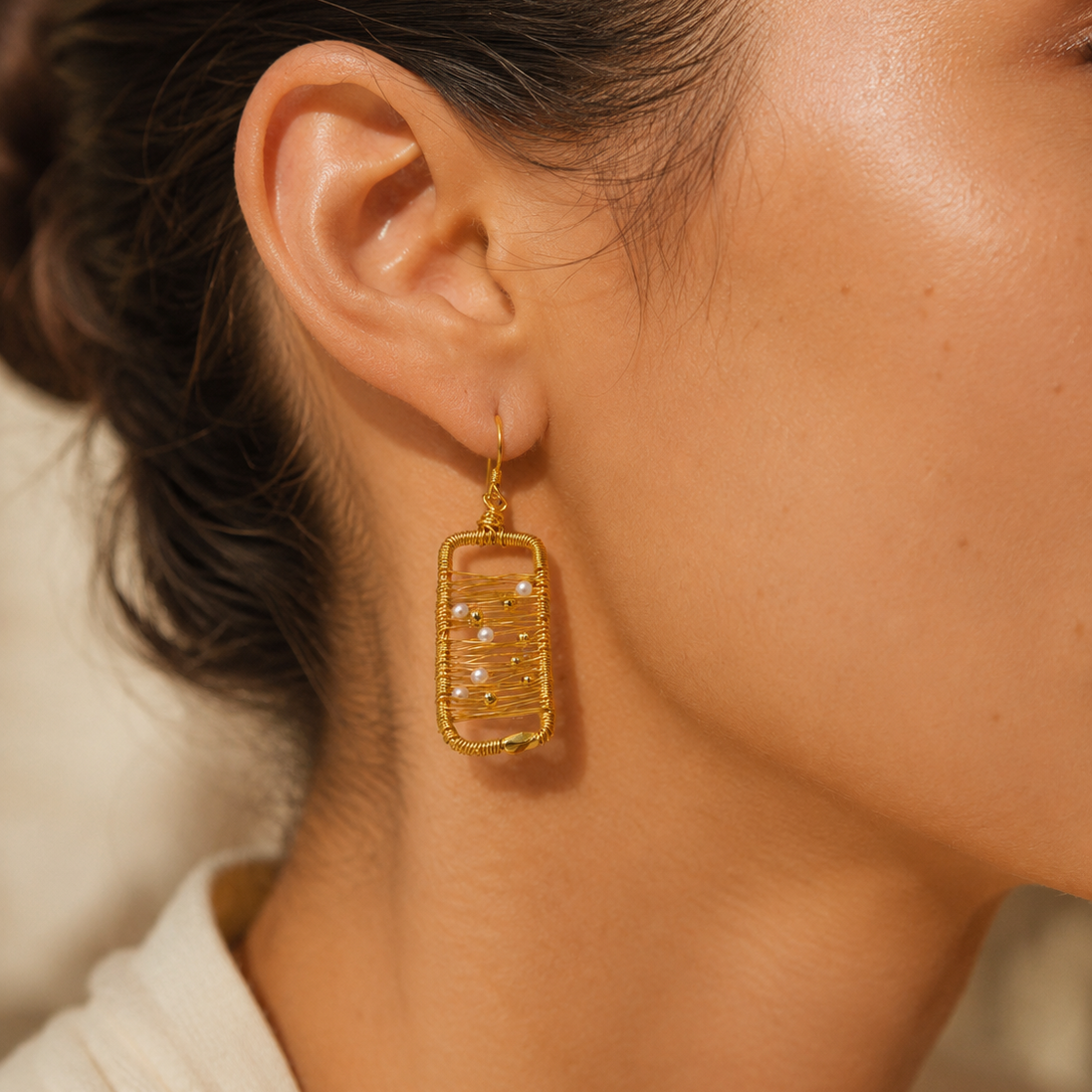 Abstract Gold Wire Pearl Art Earrings