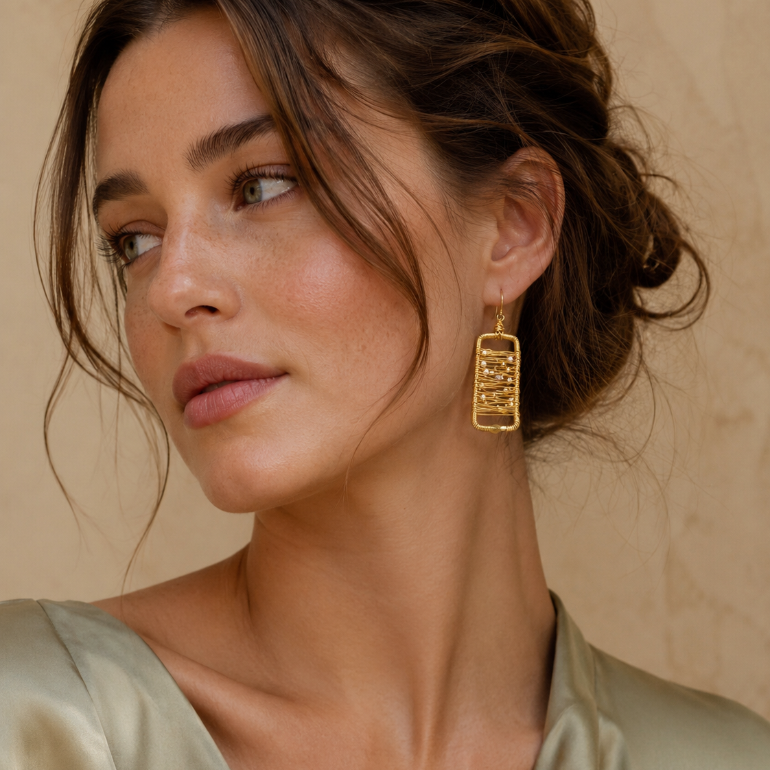 Abstract Gold Wire Pearl Art Earrings