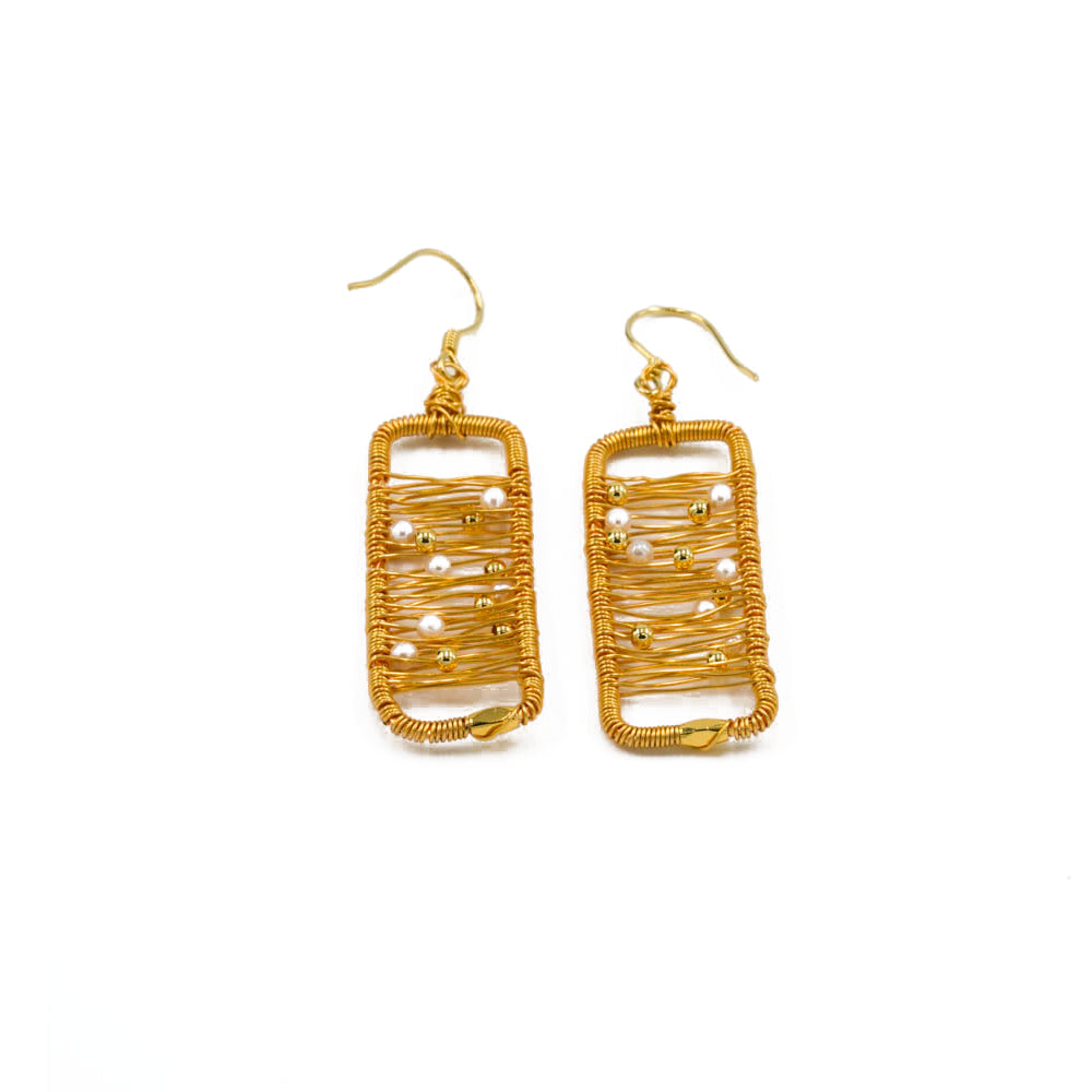 Abstract Gold Wire Pearl Art Earrings