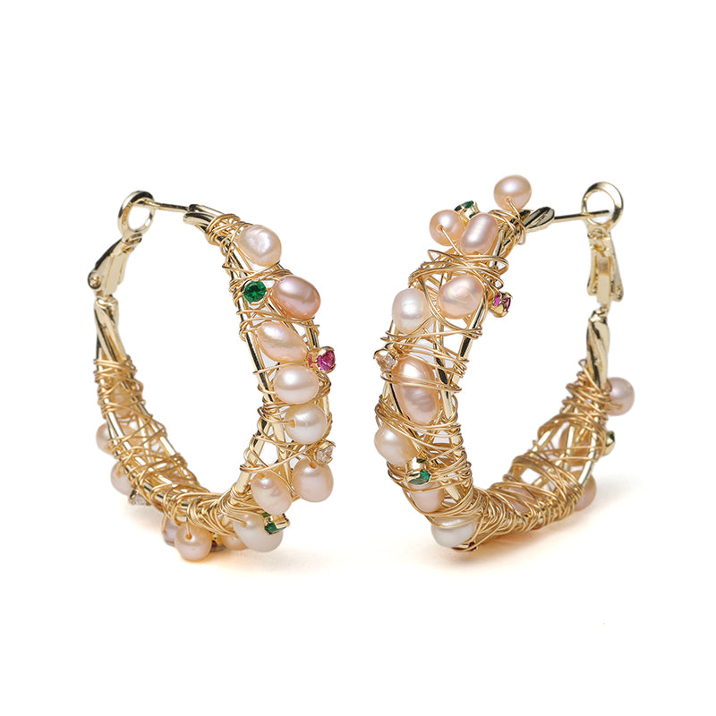 Boho Wire-Wrapped Pearl Hoop Earrings