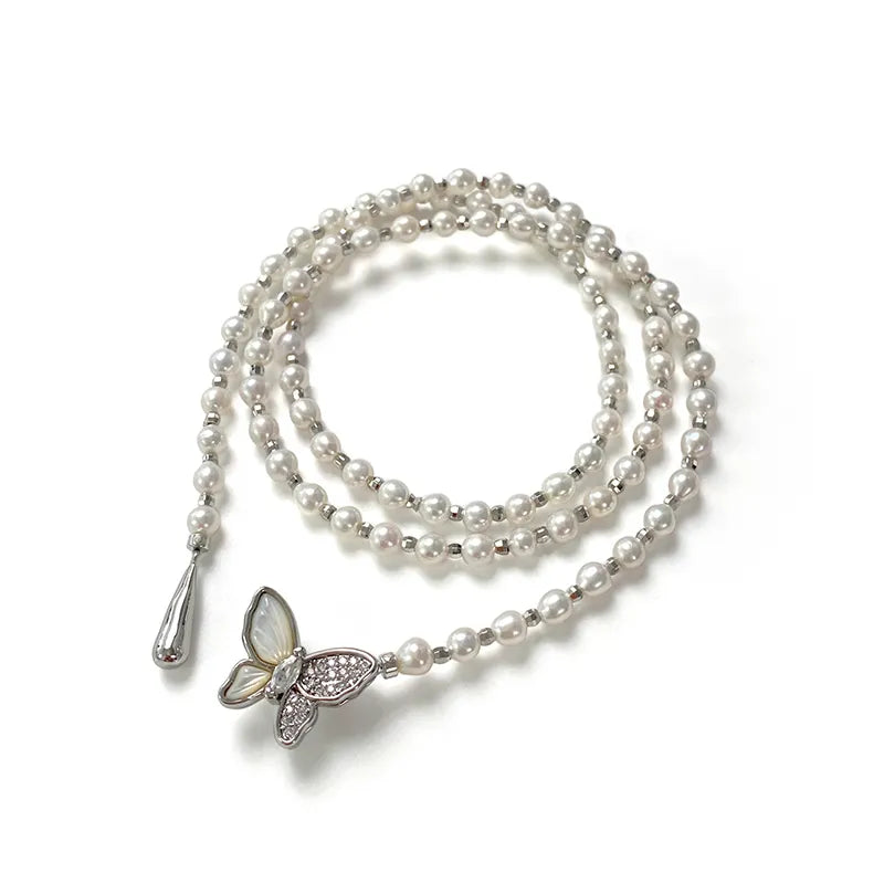 Iris Butterfly Natural Pearl Lariat Necklace