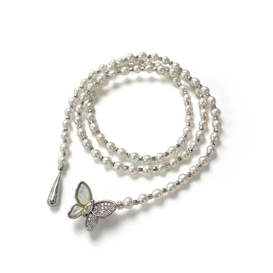 Iris Butterfly Natural Pearl Lariat Necklace
