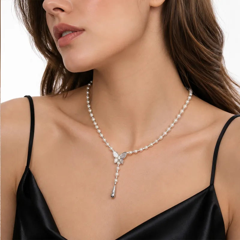 Iris Butterfly Natural Pearl Lariat Necklace