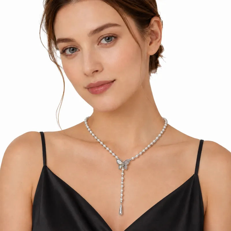 Iris Butterfly Natural Pearl Lariat Necklace