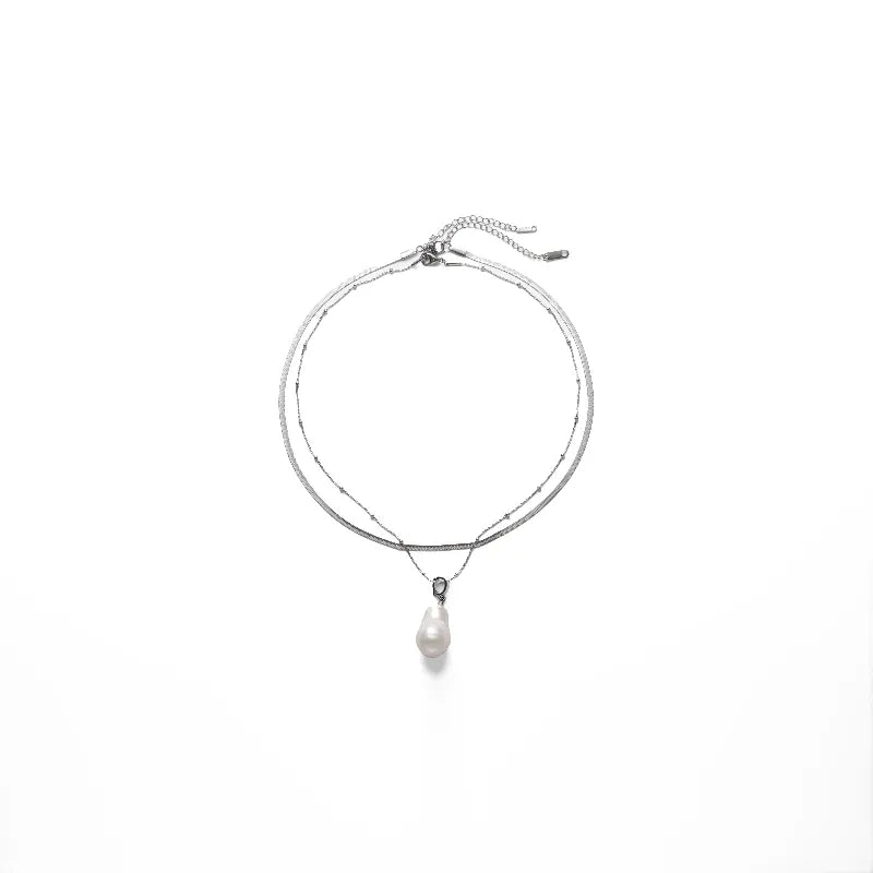 Layered Silver Snake Chain Baroque Pearl Pendant Necklace