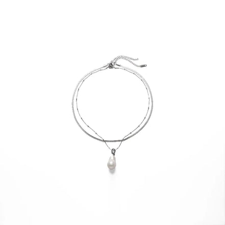 Layered Silver Snake Chain Baroque Pearl Pendant Necklace