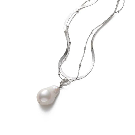 Layered Silver Snake Chain Baroque Pearl Pendant Necklace