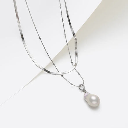 Layered Silver Snake Chain Baroque Pearl Pendant Necklace