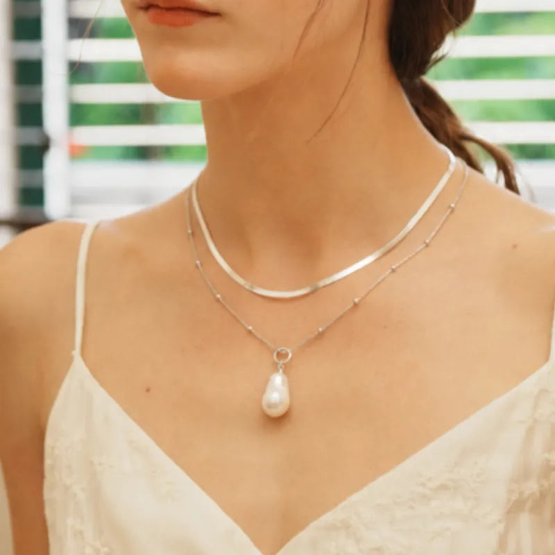 Layered Silver Snake Chain Baroque Pearl Pendant Necklace