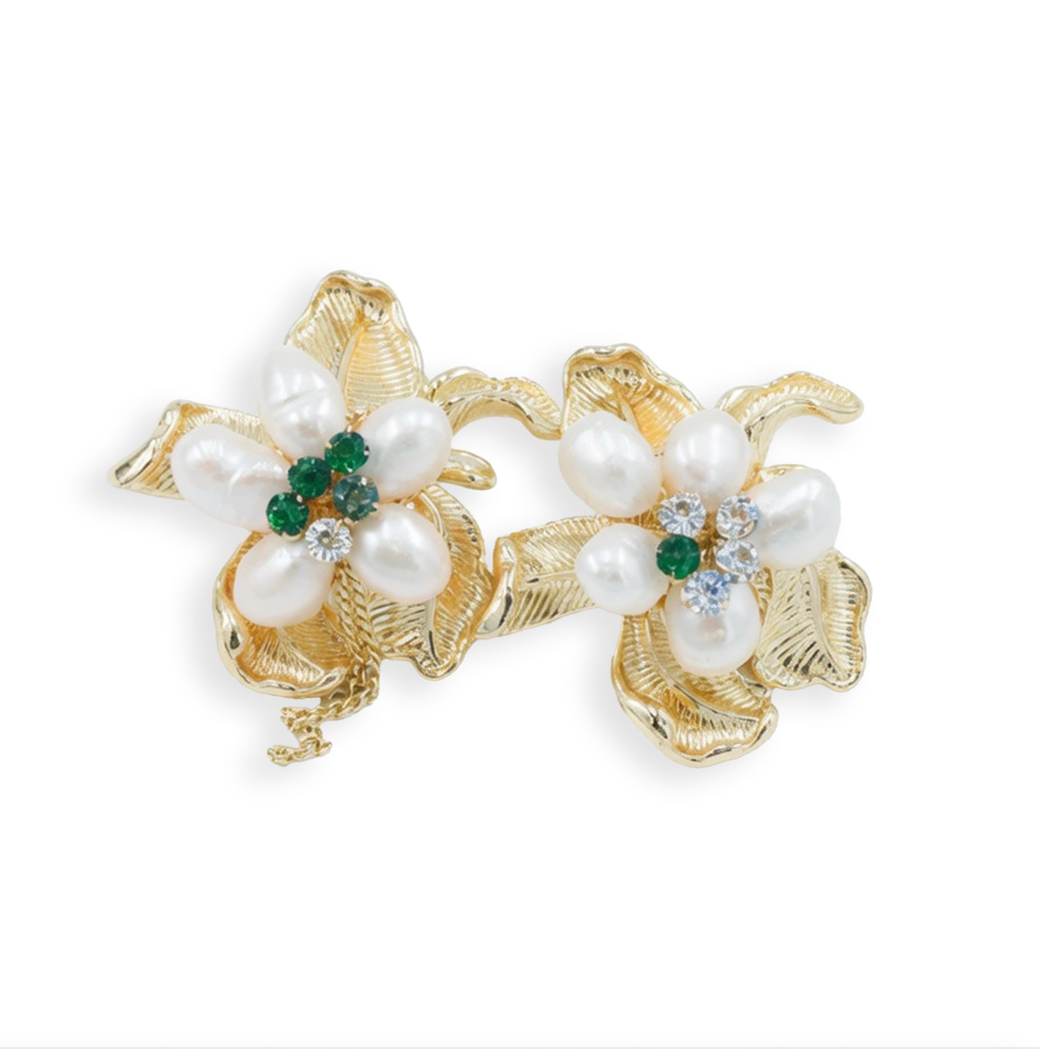 Gold Floral Natural Pearl Cluster Earrings