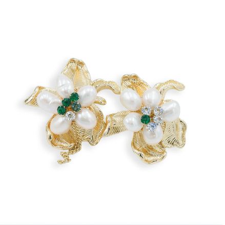 Gold Floral Natural Pearl Cluster Earrings