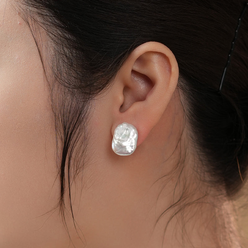 Silver Freshwater Core-Shaped Baroque Earrings