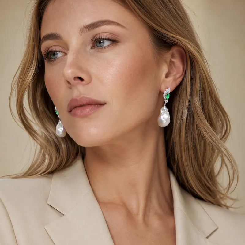 Statement Emerald Baroque Pearl Earrings