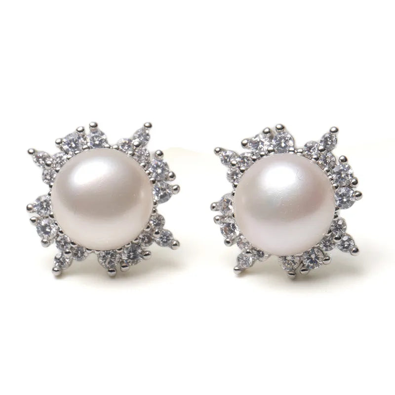 Sunflower Crystal Cluster Pearl Stud Earrings