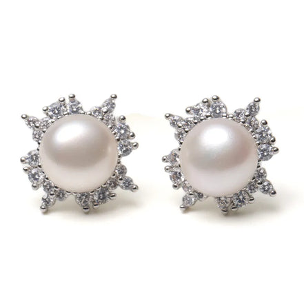 Sunflower Crystal Cluster Pearl Stud Earrings
