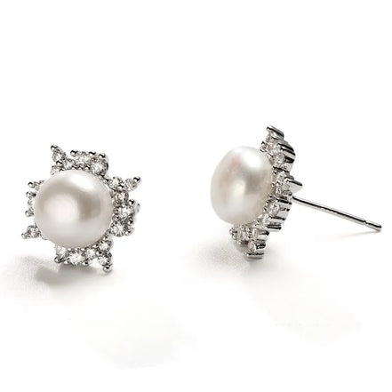 Sunflower Crystal Cluster Pearl Stud Earrings