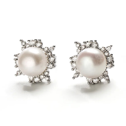 Sunflower Crystal Cluster Pearl Stud Earrings