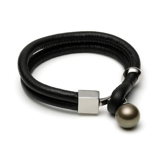 Tahitian Black Pearl Bracelet with Genuine Leather Double Strand