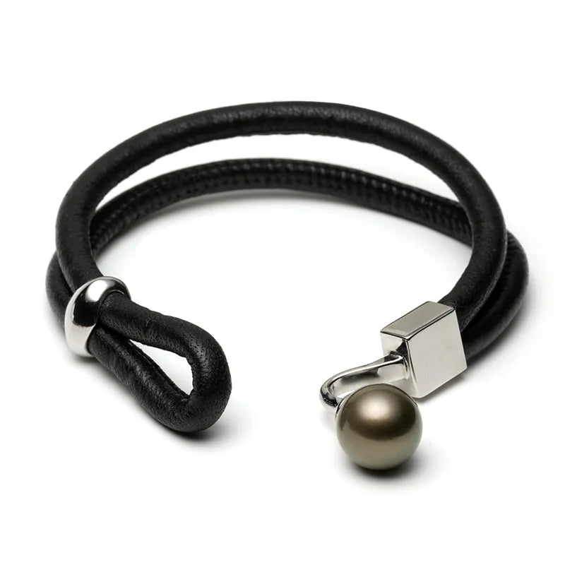 Tahitian Black Pearl Bracelet with Genuine Leather Double Strand