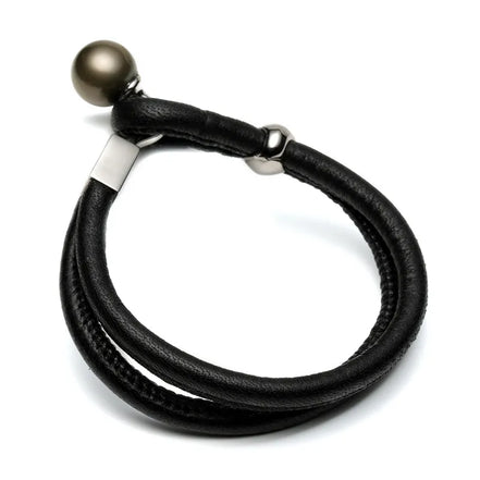 Tahitian Black Pearl Bracelet with Genuine Leather Double Strand