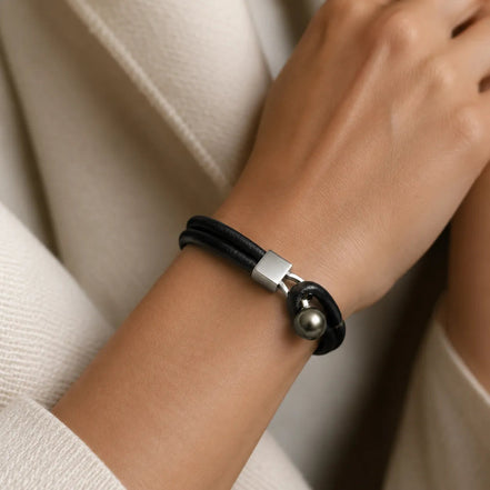 Tahitian Black Pearl Bracelet with Genuine Leather Double Strand