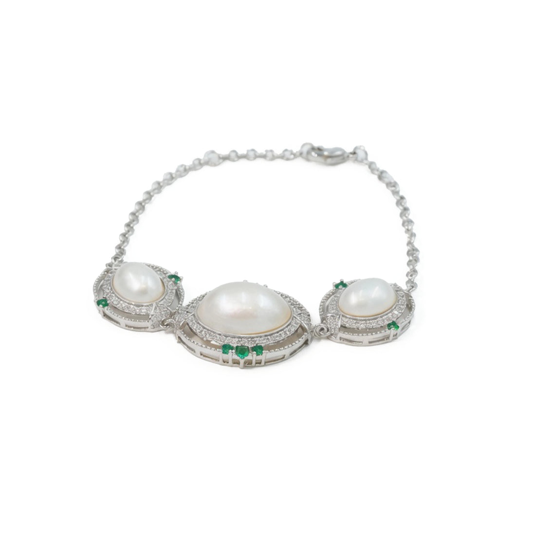 Vintage Three-Pearl Silver Halo Bracelet