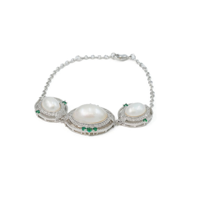 Vintage Three-Pearl Silver Halo Bracelet