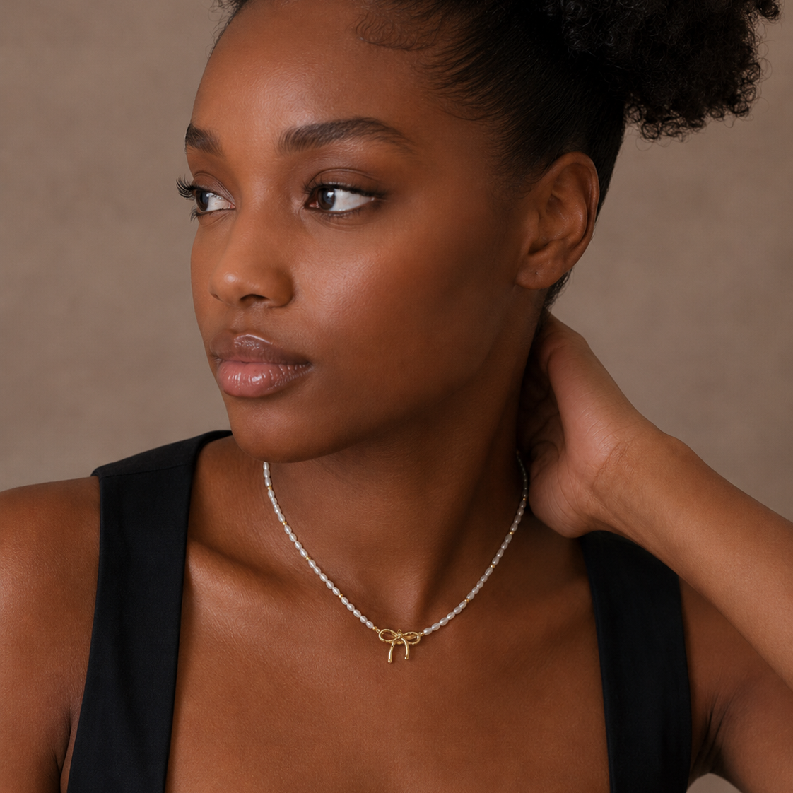 Vintage Gold Bow Natural Pearl Choker Necklace