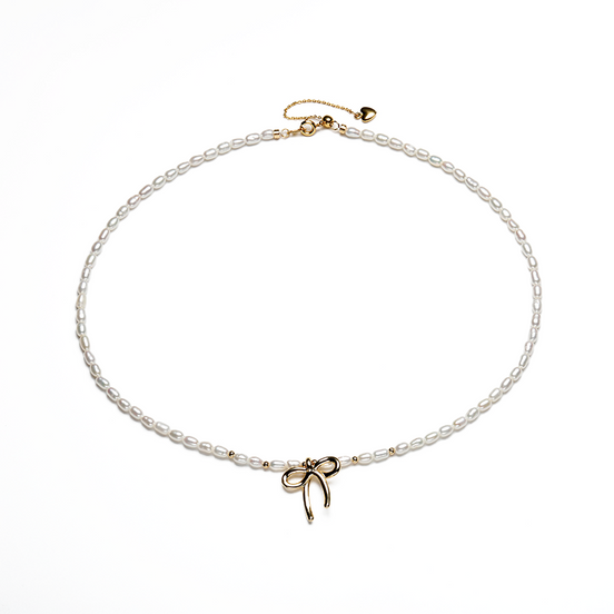 Vintage Gold Bow Natural Pearl Choker Necklace