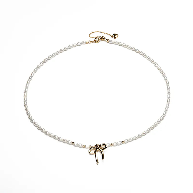 Vintage Gold Bow Natural Pearl Choker Necklace