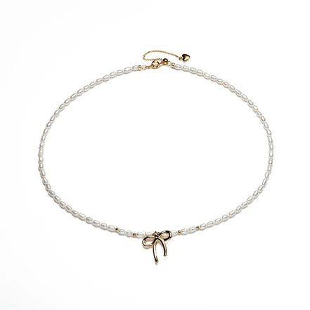 Vintage Gold Bow Natural Pearl Choker Necklace