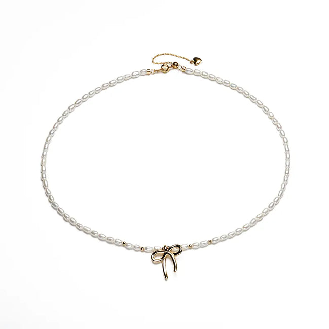 Vintage Gold Bow Natural Pearl Choker Necklace