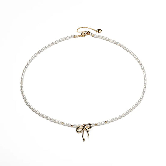 Vintage Gold Bow Natural Pearl Choker Necklace