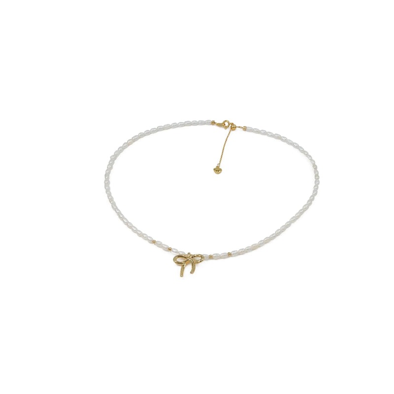 Vintage Gold Bow Natural Pearl Choker Necklace
